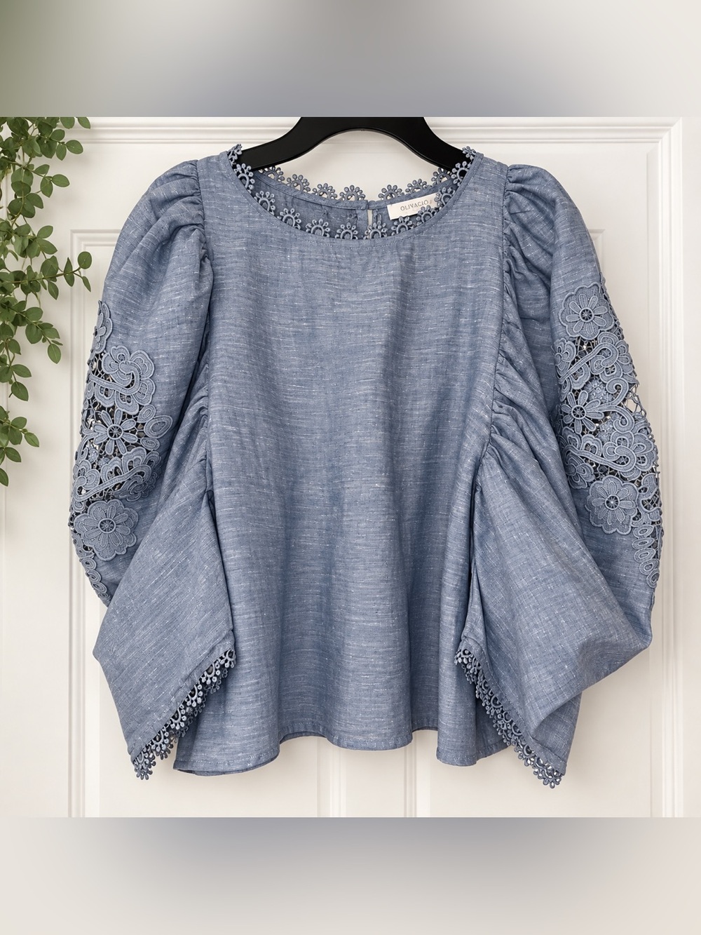 Olivaceous Puff Sleeve chambray blouse with lace sleeve detailing
